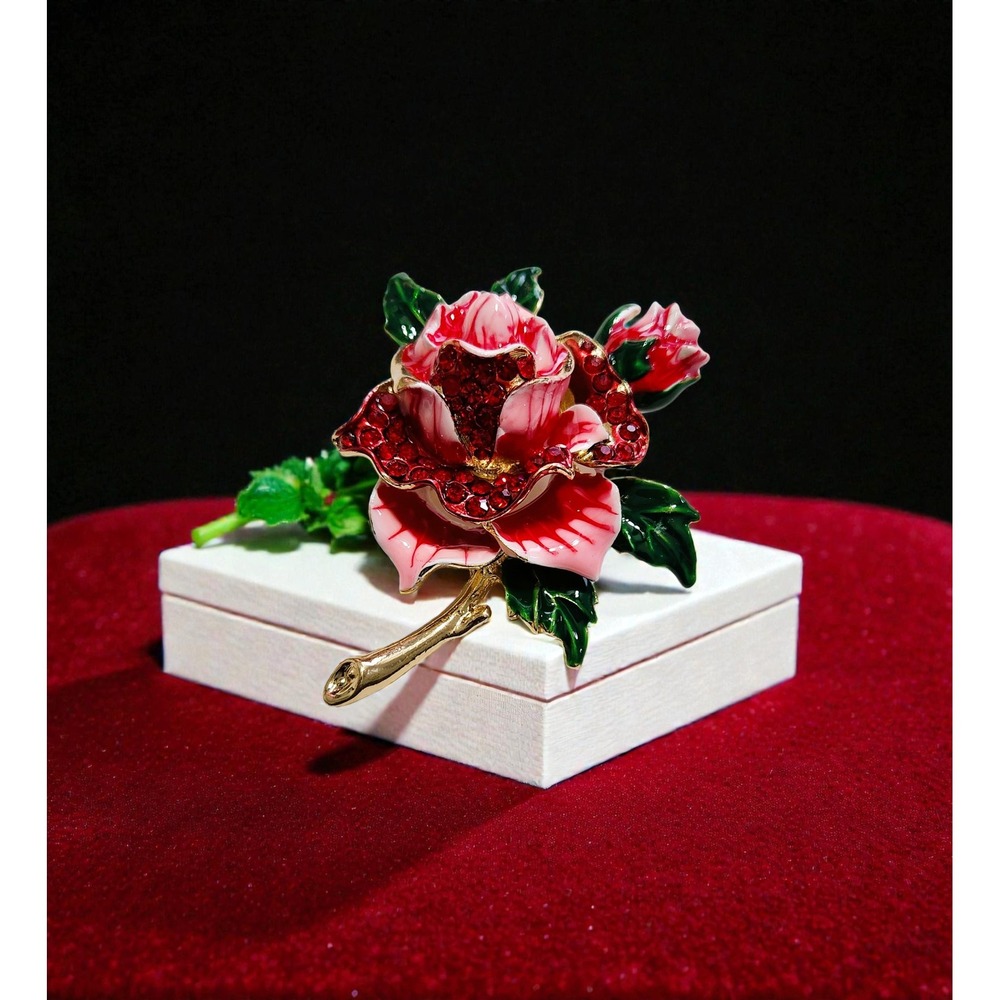 Vintage Red Rose Flower‎ Brooch Pin Gold Tone Enamel Rhinestone Floral Jewelry